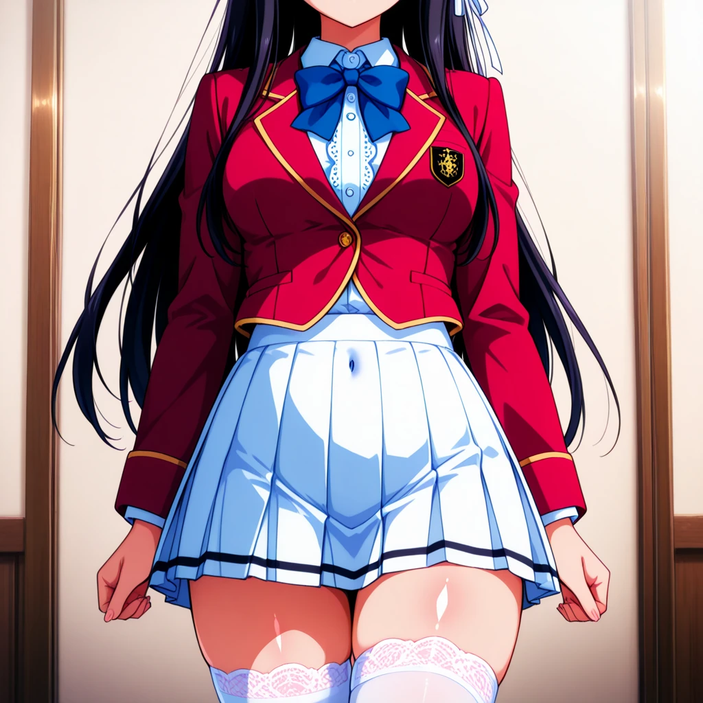 nsfw,Viewer Caution,suzune horikita,Private room,Show the whole body,front,from the front,uniform,Red blazer,Hair ribbon, black knee-high socks,pull down pantie,