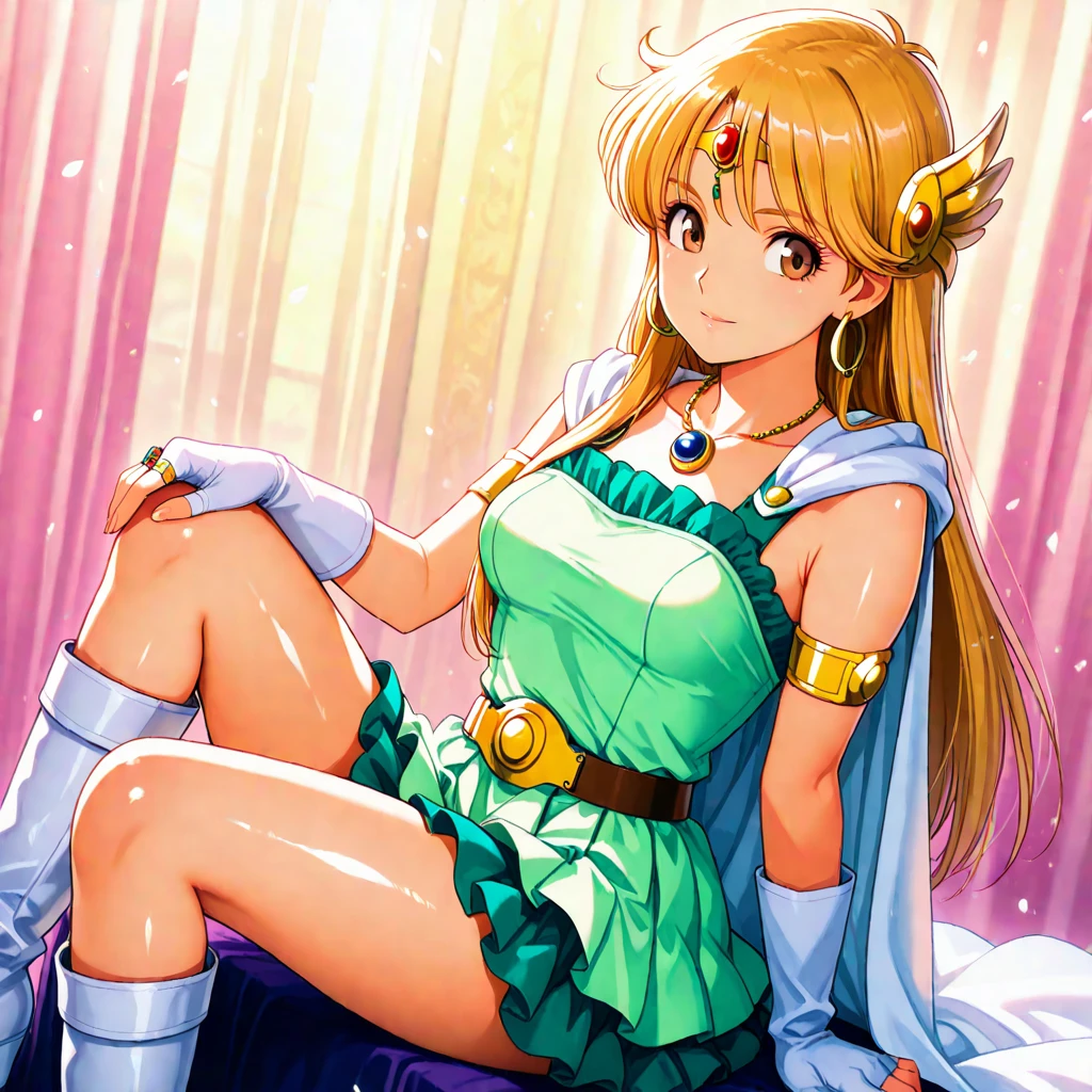 Sailor moon. Realistic art. Big boobs. Legs spread. Brown short hair. Green eyes. White School uniform. Open shirt. Magical girl. Panties.
