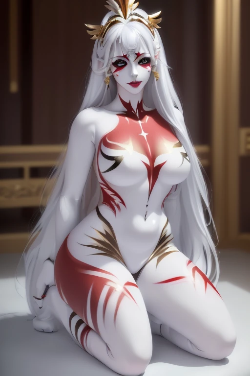 masterpiece,best quality,highly detailed,ultra-detailed,an extremely delicate and beautiful,masterpiece,1girl, solo,kaguya,mature female,  long hair,  third eye,horns,white short eyebrows,  otsutsuki kimono, looking at viewer, on bed,indoors,wariza,  cleavage,  off shoulder,
