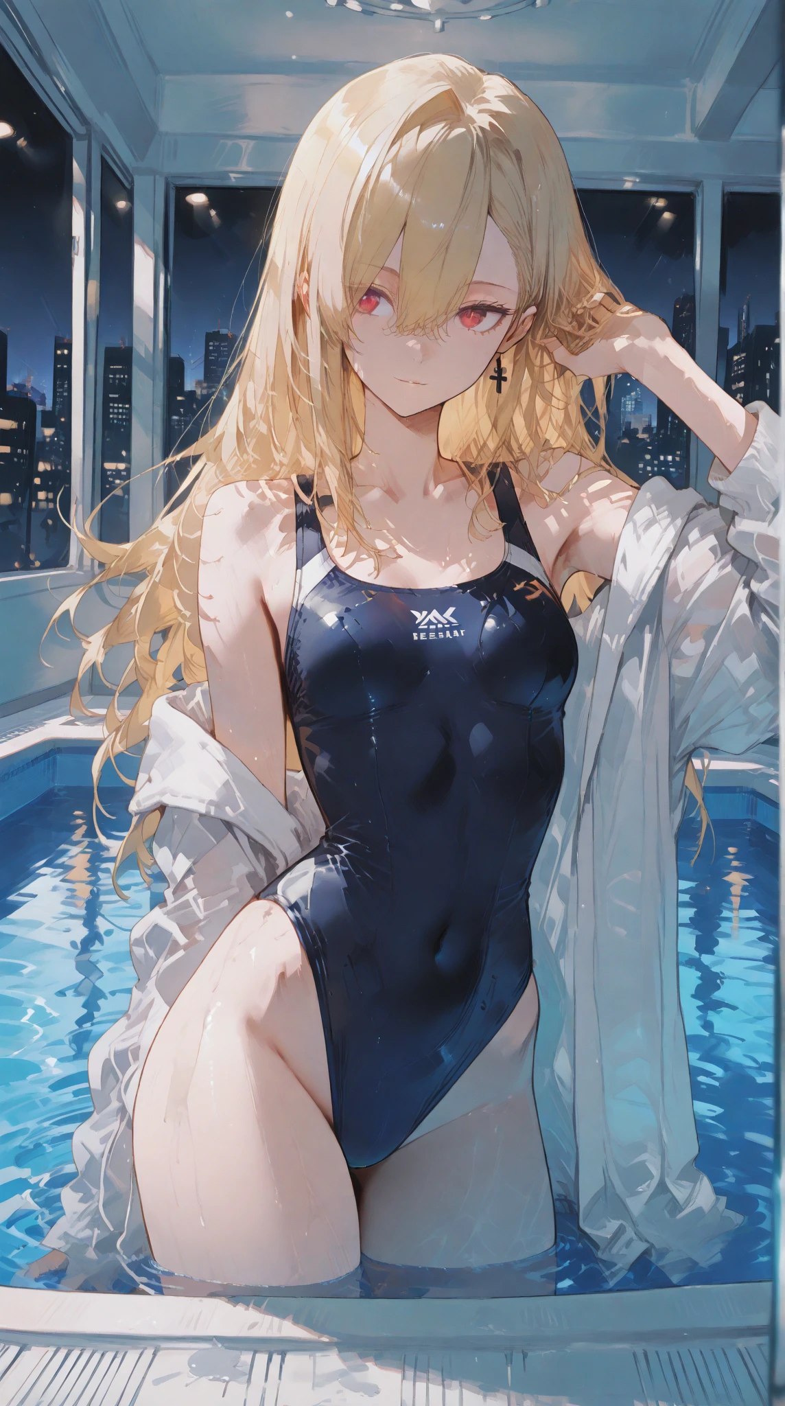 ((2D Beautiful Girl、highest quality、Perfect Finger 1.3、Perfect Anatomy 1.3、Very delicate and beautiful illustrations))、Cute girl、(Conversion Sequence)、((Swimwear))、14 years、Slender beautiful girl、Fractal Art、Baby Face、((Straight Long Hair))、Big droopy eyes、Laughter、Full-body display、(1 person)、Long sleeve、School swimming pool、standing、