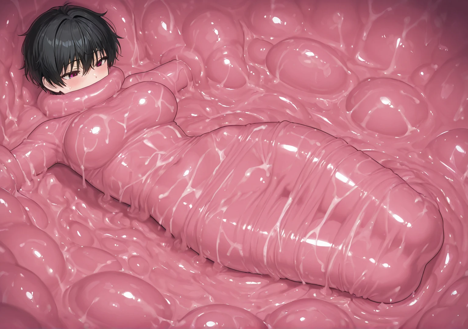 (((Erotic and grotesque:1.5))), Black Hair Girl, Melted clothes, (In the stomach of a living thing), Being swallowed, Mucous membrane attached to the body, Mucous membranes penetrating the genital area, Pierce the stomach to expose the innards, Red background, Complex shapes, Slime \(substance\), masterpiece, (Highest quality, Very detailed), Melting Body,anatomy,(Browsing Caution),Vomiting bodily fluids,Prying open the genitals and penetrating the mucous membrane,grotesque, Slimy texture,(My body started to melt too...),bleeding from the genital area,,,Mucous membrane entering the mouth