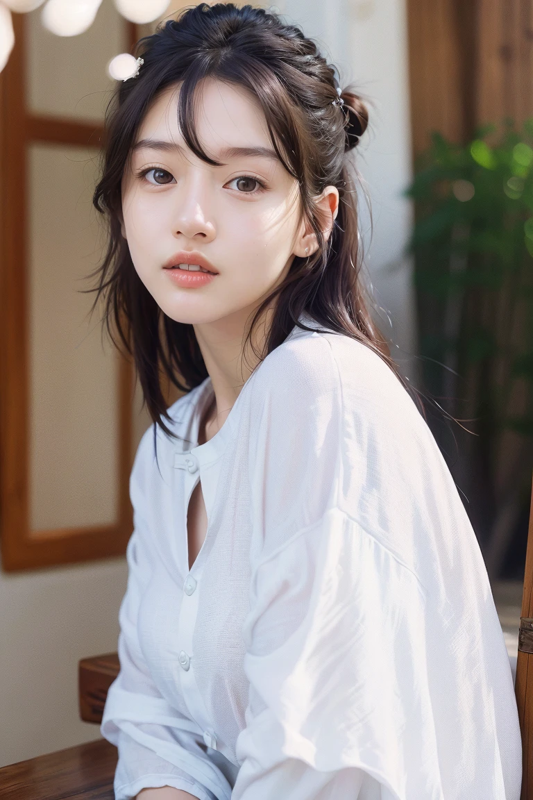 Dressed, (photo Realistic:1.4), (hyper Realistic:1.4), (Realistic:1.3),
(Smoother lighting:1.05), (Improving the lighting quality of movies:0.9), 32K,
One girl,20 year old girl, Realistic lighting, Backlight, Light on the face, Ray-tracing, (Bright light:1.2), (Improvement of quality:1.4),
(Highest Quality Real Texture Skins), Detailed drawn eyes, Detailed painted face,
(Tired, sleepy and satisfied:0.0), Face close-up, T-Shirts,
(Enhance the mood of your body line:1.1), Glowing Skin