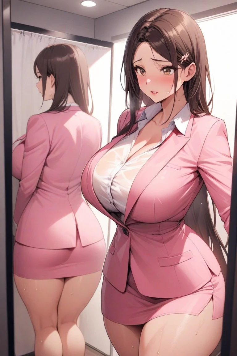 1024 X 1536(masterpiece), maximum quality, 1girl, solo, high ponytail, pink suit, pink jacket, cleavage, old, aged up, mature female, milf, medium breasts, lips, looking at viewer, standing, white socks, thighband socks, brown hair, brown eyes, full body, white shirt, collared shirt, smile, closed mouth, pink business suit,
