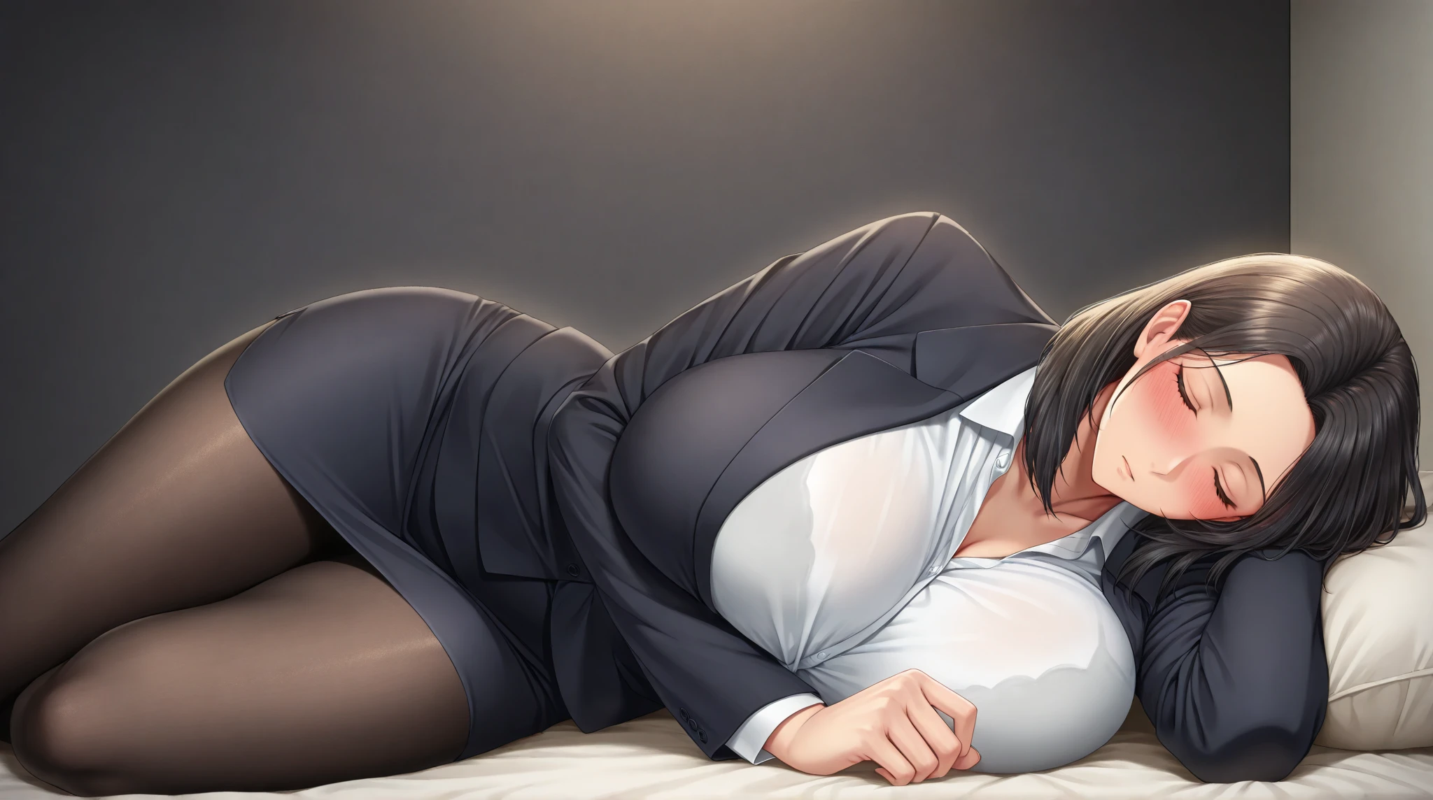 dark, busty, teenager, short skirt, relaxing on couch, very tight unbuttoned shirt,