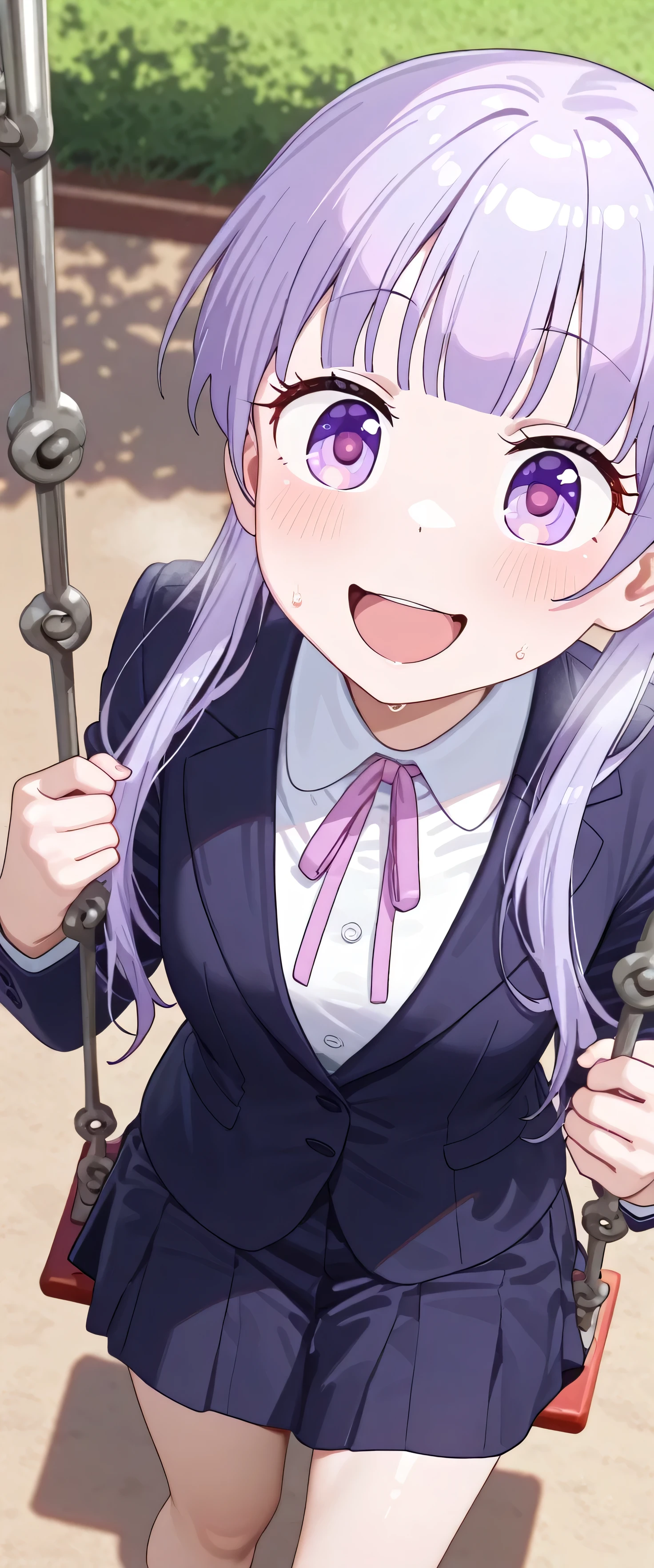 ((Standing on the swing)),(beautiful girl: 1.3),Highest quality,8k,Highly detailed CG unit wallpaper,masterpiece:1.2,top-quality,Ultra-high resolution,RAW Photos,real texture skin,1girl,solo,Aoba SUZUKAZE,purple hair, long hair, small breasts,smile,Tilting head,suits, skirt,(close up:1.5),swing,park,Open your mouth wide,