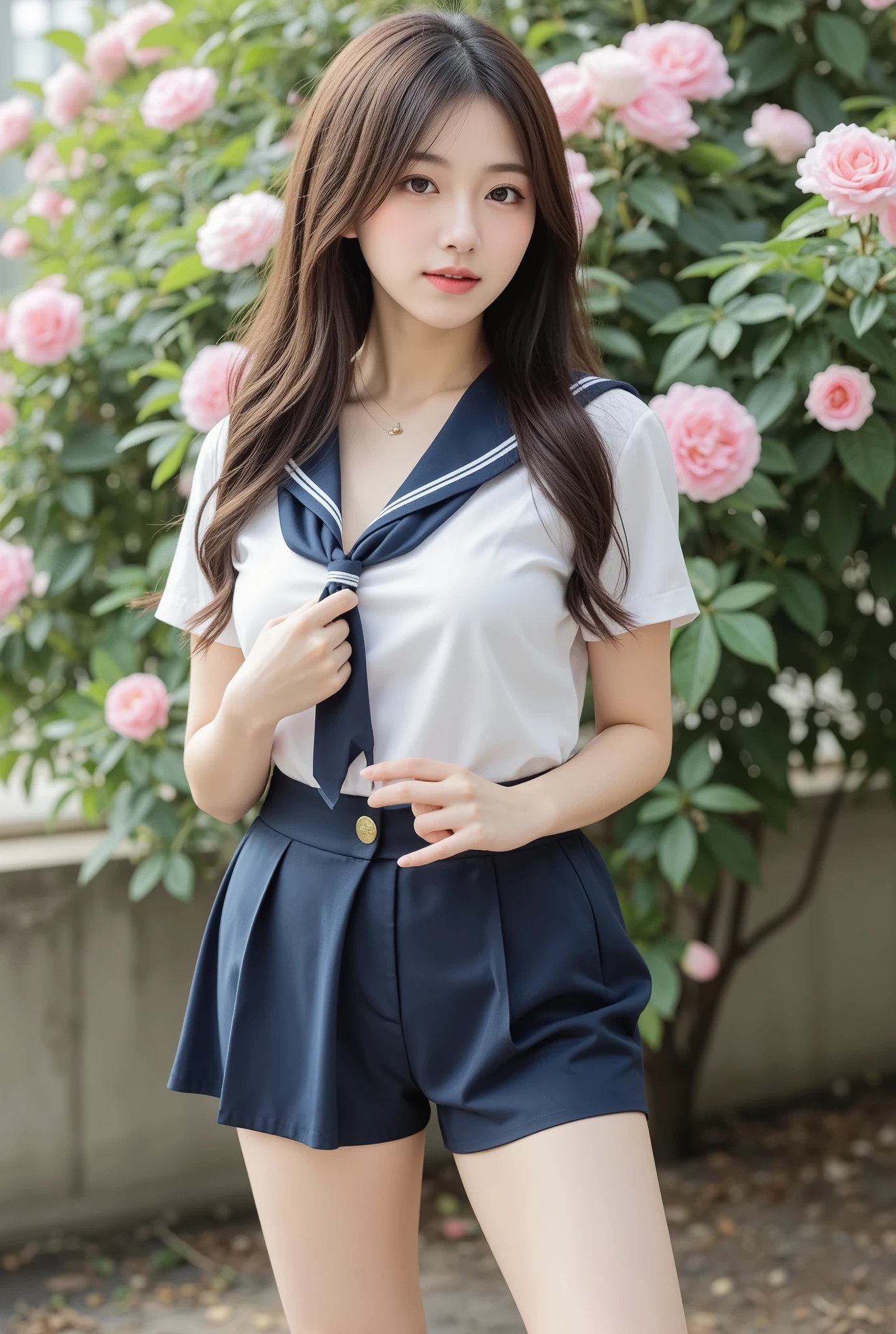 (masterpiece, highest quality:1.2), 8k, Official Art, RAW Photos, Unbelievably absurd, (whole body, Sailor suit:1.4), beautiful girl, 18-year-old、Cute Face, Arched back, Navy Pleated Skirt, close, , Short sleeve, Gardenia, Viola Lace, Pool、Sit on a chair、Looking at the audience, Film Grain, chromatic aberration, Sharp focus, Face Light, Dynamic Lighting, Cinema Lighting, Detailed eyes and face, Background blur, (1 dark red bow tie:1.2)、(heavy rain、Dark Sky:1.5)、One Girl、blush、View your viewers、(Huge breasts:1.2)、Wet Hair、Shiny Hair、Wet Face、Wet Skin、Wet body、Wet costume、flower、hairpin、necklace、Earrings、Depth of written border、Pointy red mouth、Red Mouth,clavicle、Beautiful fingers、Please loosen your tie、cute Wet Face、Wet clothes sticking to my chest、Wet, see-through clothes、Short Hairstyles、View from below
