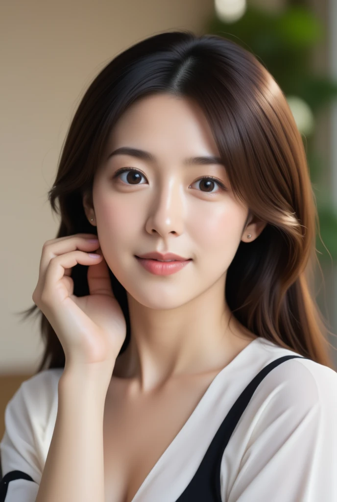 masutepiece, Best Quality, Illustration, Ultra-detailed, finely detail, hight resolution, 8K Wallpaper, Perfect dynamic composition, Beautiful detailed eyes, doress,Medium Hair, mid-chest, Natural Color Lip, Random and sexy poses,Smile,businesswoman、Suits、business sui、White shirt、