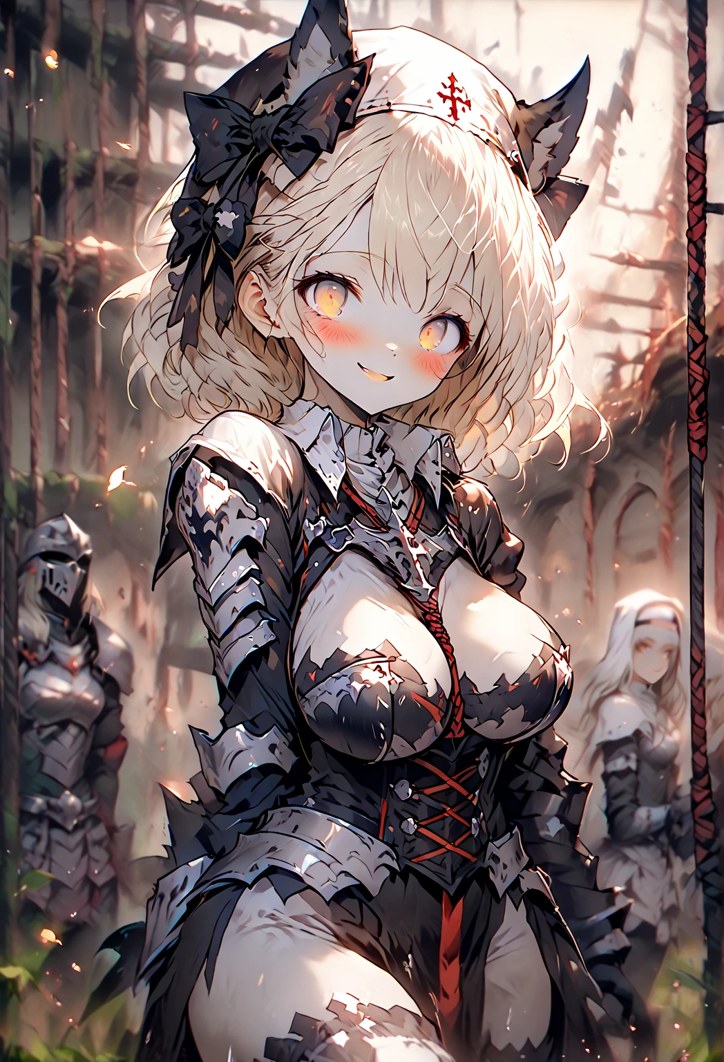 Striped hair, french braid, mismatched pupils, Chiaroscuro, illuminating, Gothic art, Best quality, Anatomically correct, High details,cavalier,holy paladin,Leather bandages,Metal chains, big tit,(Armor),Heavy armor,Gorgeous armor, exposed belly, sword