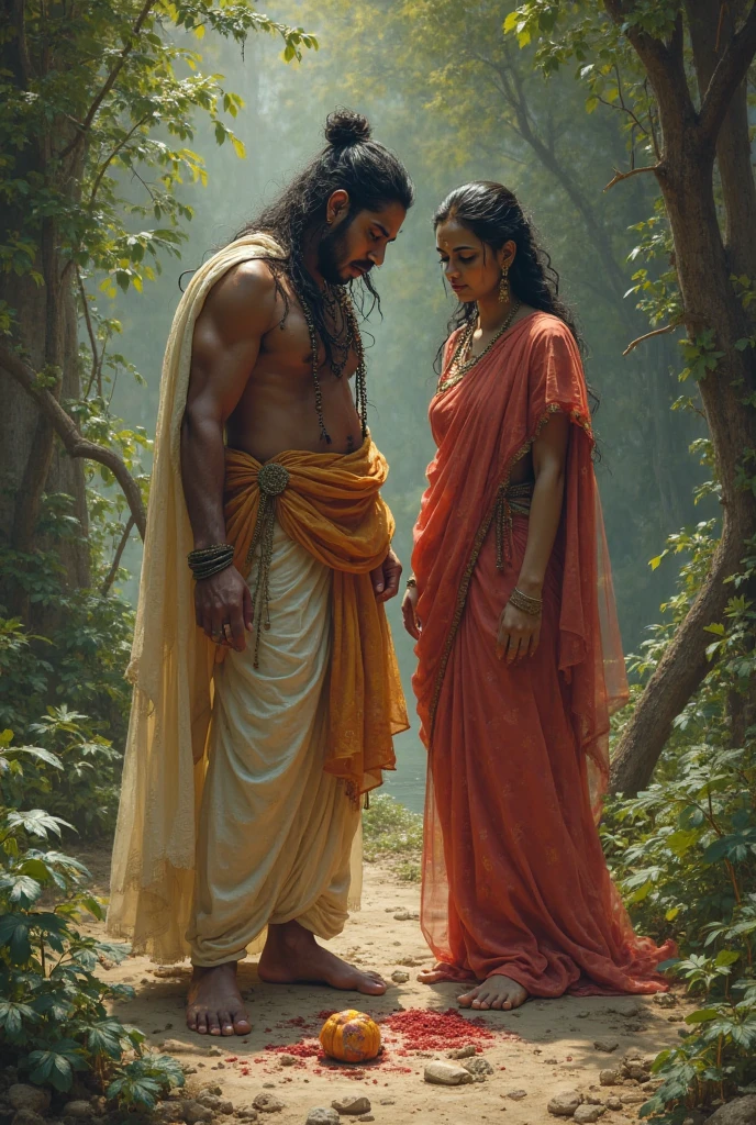 The Seed of Arrogance
Setting:
A lush forest near Panchavati. Sita, dressed in simple attire, is seen picking flowers, her face serene and peaceful.
Action:
Ravana, disguised as a wandering sage, approaches Sita with a cunning smile. He admires her from a distance before stepping closer.
Dialogue:
Ravana (in disguise, softly): “O virtuous lady, accept my hospitality and come with me to my golden city, Lanka.”
Sita (politely declining): “I am devoted to my husband, Lord Rama. I cannot leave.”
Action:
Ravana’s smile fades, and his face hardens as he reveals his true identity, grabbing Sita and forcing her into his chariot despite her struggles.
Dialogue:
Ravana (arrogantly): “Your Rama is no match for me. Soon, you will know the grandeur of my palace and the futility of defying me.”