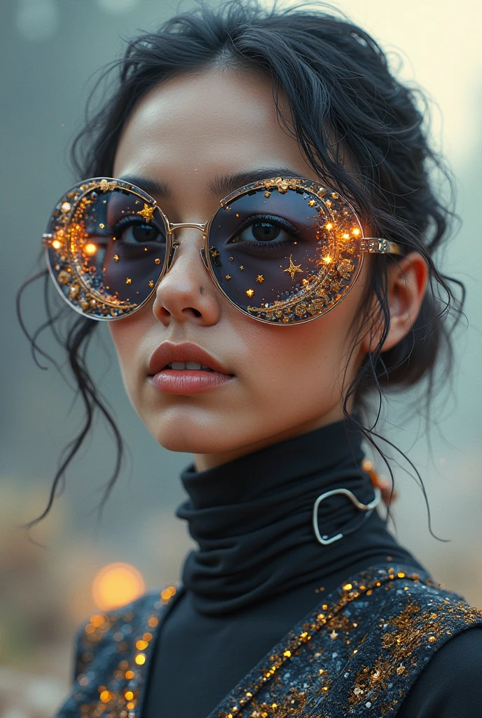 The model is wearing glass sunglasses with stars and the moon on the glass