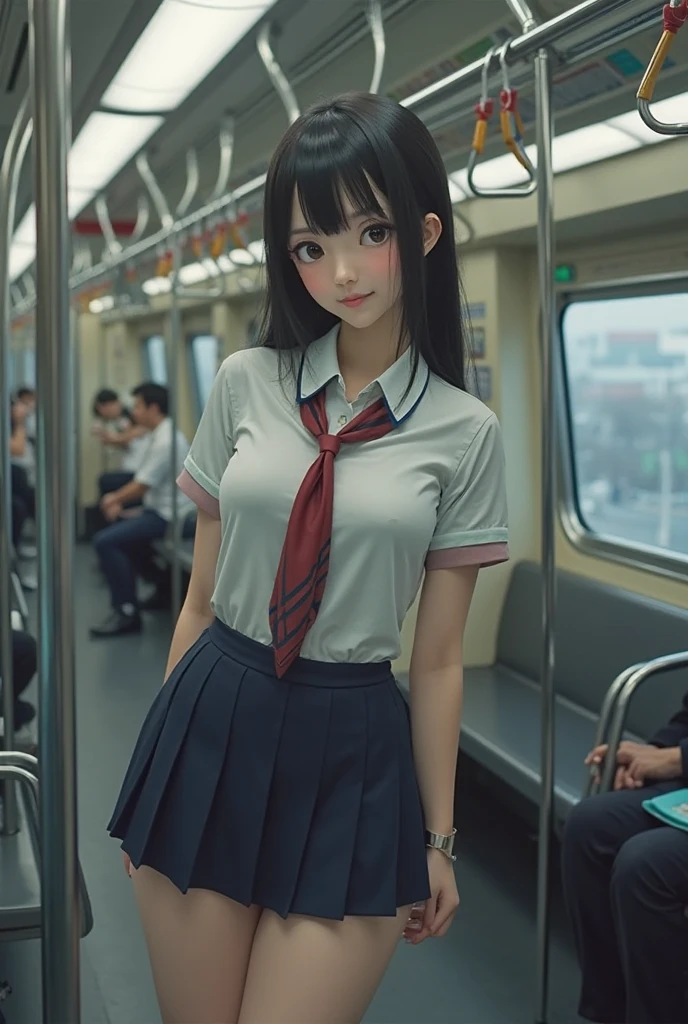 Asian girl sitting on train in short skirt and bow tie, cute female student, Japanese school uniform for girls, wearing a Japanese school uniform, Japan School Uniform, surreal school girl, dressed as schoolgirl, surreal school girl, in school uniform, Realistic schoolgirl, girl in uniform, Girl in school uniform, of a schoolgirl posing, bangs, Surrealism, UHD, masterpiece, ccurate, retina, textured skin, super detail, high details, high quality, award winning, best quality, highres