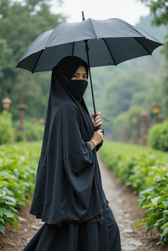 1girl, long black jilbab syar'i, uniform, shy, blush, wet, rain, transparent, ((medium breast 1.5)),((indonesian girl)), (masterpiece, best quality), soft light, cinematic composition, cinematic light