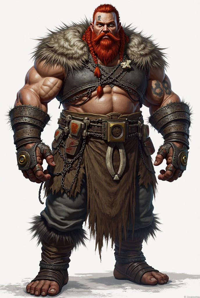 25 year old tattooed dwarf holding a giant axe with both hands with big blue hair and leather jerkin