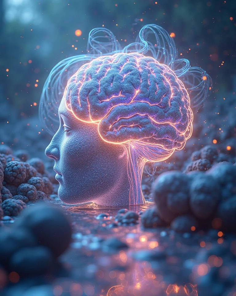 There is a man with a brain in his head, surrounded by many colored balls., conscience projection, distributed conscience, infinite conscience, Quem pode abrir a mente, psychedelic therapy, channeling third eye energy, conscience, they reach their minds, elevated conscience, Nootropic Stimulant, mind exploration, enlightening, emanating with blue aura, artificial conscience, mental character, cognitive transcendence