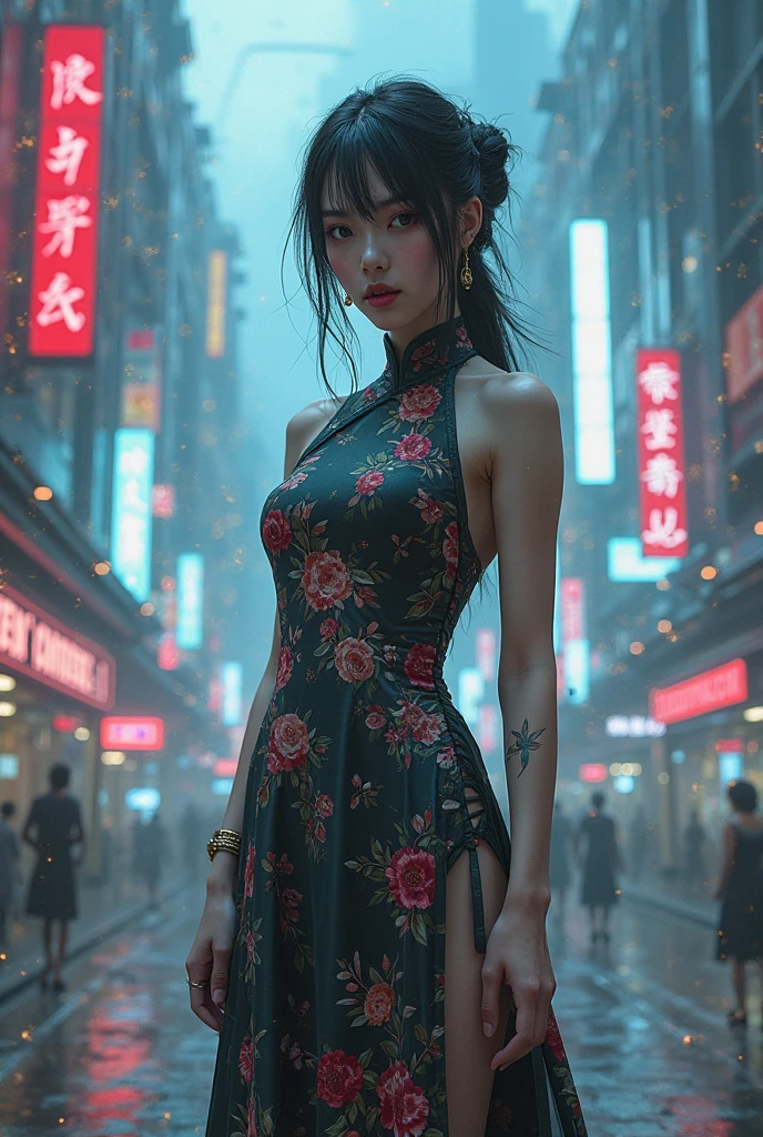 A photorealistic illustration of an anime-styled busty young woman, dressed in a stunning mini dress with intricate patterns of red and blue. The off-shoulder dress hugs her curves, revealing a hint of skin. She is leaning forward at a bustling city bus stop, waiting for a cab in the rain. Her arms are resting on the railing, and her eyes are fixated to the side, showcasing her determination to hail a taxi. The raindrops reflect the city lights, creating a vibrant and dynamic atmosphere., anime, illustration