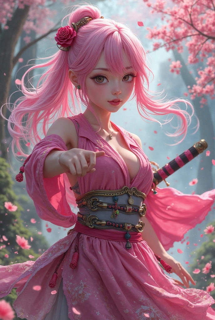 A beautiful anime-style girl, her image reflected in the large blade of a sword, woman, laughing, open mouth, bangs, animal ears, earrings, slightly parted lips, teeth, tongue, pink eyes, masterpiece, surrounded by flowers, breasts
