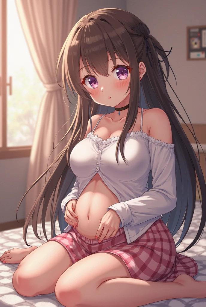 tan skinned anime woman wearing a cami top and jeans, famished in hunger, (necklace), (gently resting hands on stomach), (sweating), (long hair), (hands on stomach)