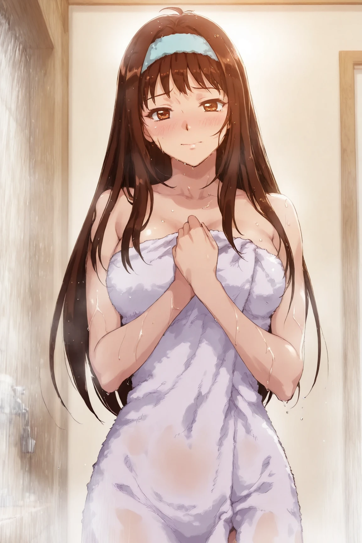 woman, In the living room,White maxi dress、 Edo Soichiro Yamamoto Art Style 、Huge breasts、from the front、Are standing、Brown Hair、Parting the bangs、The forehead is visible、Long Hair