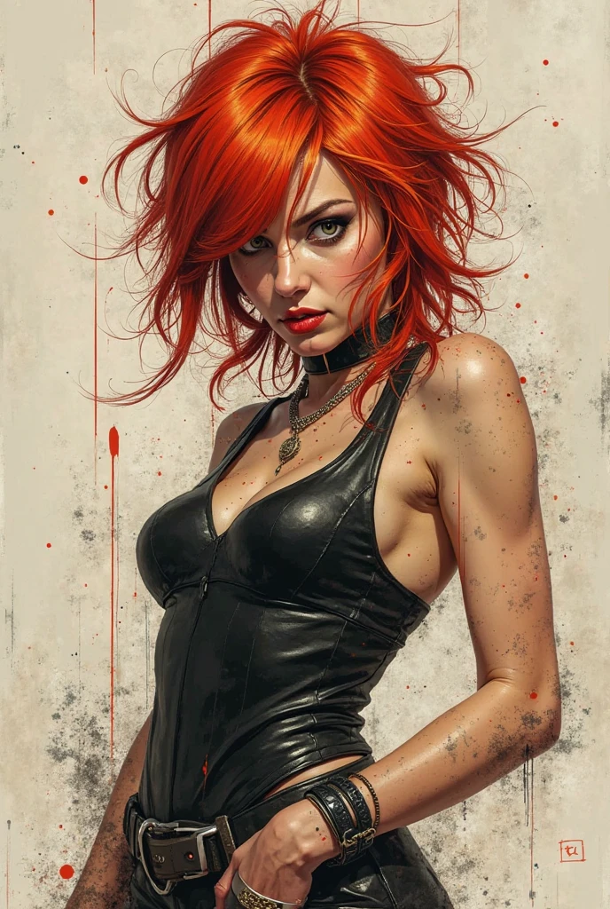 ((best quality)), ((masterpiece)), (detailed), beautiful redhead, crouching woman with legs apart, has a tattoo with the inscription "ERO BULL", full body