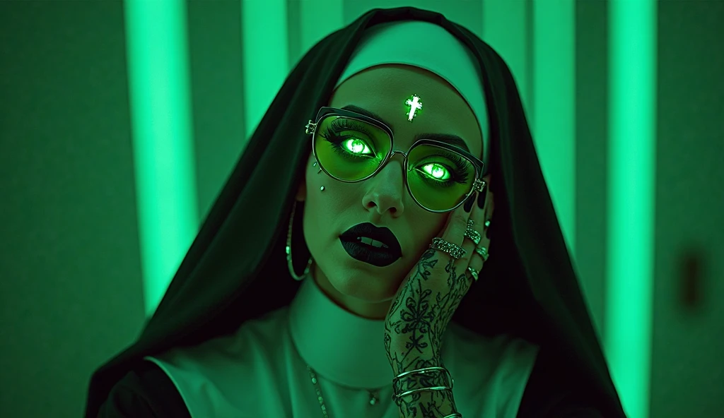 portrait of beautiful woman (gggg:1.1), dark cinematic scene, (wearing latex nun outfit:1.1), hooded, church filled with neon lit up crosses background, moody, triadic color grading, profile view, rim lighting <lora:diffusiondesign_gggg1_V1-15:1> <lora:add_detail:1>
