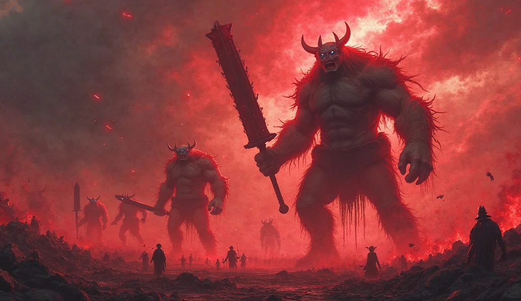 One man his face like buffalo in his hand one human head  one hand one sward and his body colour is mixture of red and black he has strong and dengerous body on vains and so much peoples run from of his fair and hi is killing peoples he has tail red eye long teeth and verry sacred look like evil 