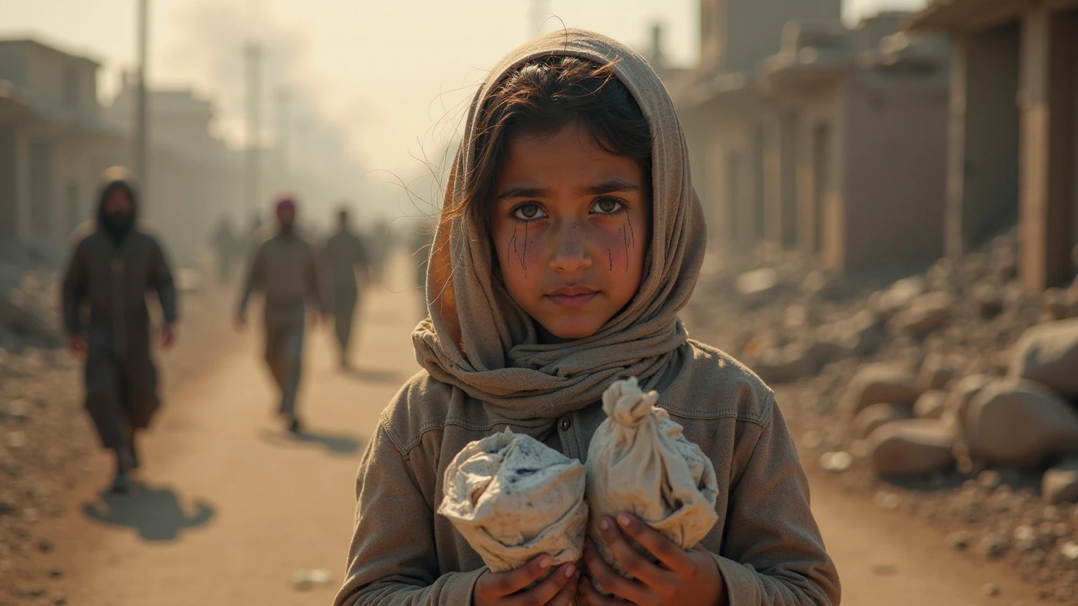 a young hijab girl, 11 years old, crying, wearing a blouse, holding soft toys, with a dirty face, on a war battlefield, highly detailed, photorealistic, 8K, cinematic lighting, emotional portrait, dramatic colors, beautiful, sad expression