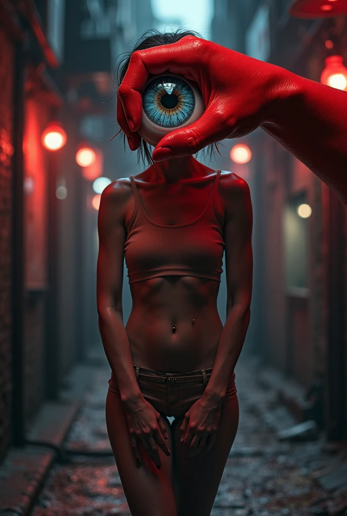 Full body a beautiful realistic blondie woman posing near a big surrealistic human eye with red light,underwear,looking at viewer, upper body, 3d surreal background,Digital art
