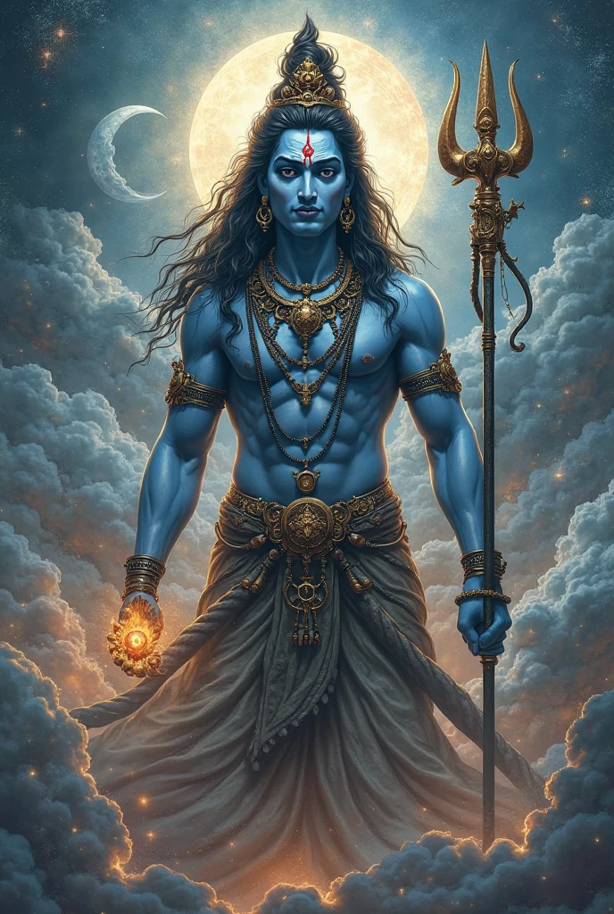 Give me the image of lord Shiva holding the thrishul with buke cosmic background in 4k