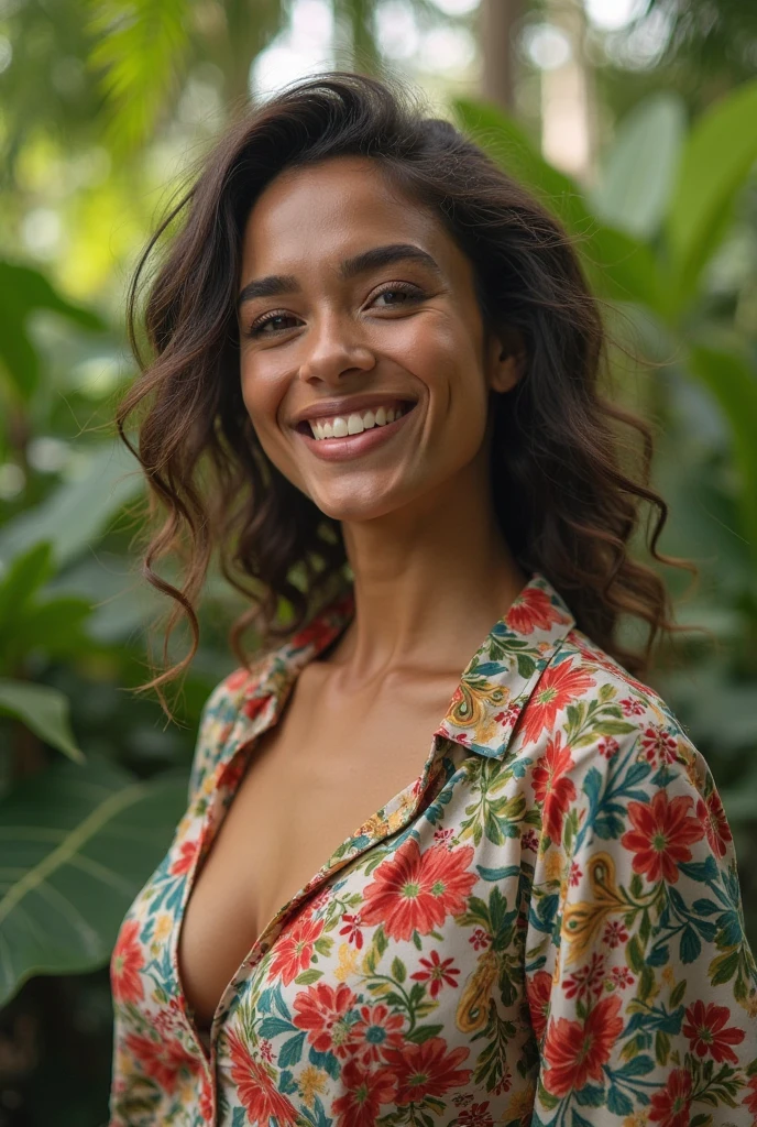 A Brazilian woman in a lush tropical garden, wearing an open shirt with a floral print, with a close-up capturing the harmonious beauty between her breasts and the natural flowers, showing off your natural charm and outgoing personality.