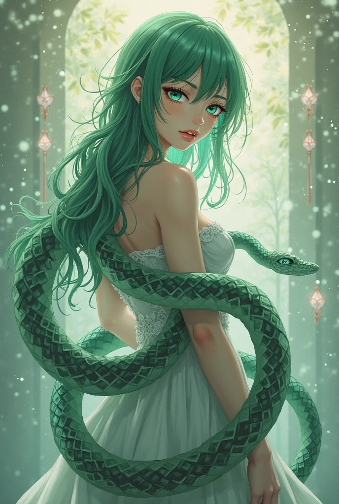 detailed snake skin, (preteen girl), solo focus, (lamia), stoic, monster girl, black horns, wide hips, beautiful eyes, beautiful background, abandoned cabin, forest, light particles, sun rays, dramatic lighting, outside, grass, leaves, shiny (pink, blue, green gradient:1.5), realistic, masterpiece, best quality, ultra-detailed, detailed, scenery, beautiful detailed eyes, detailed hair,
