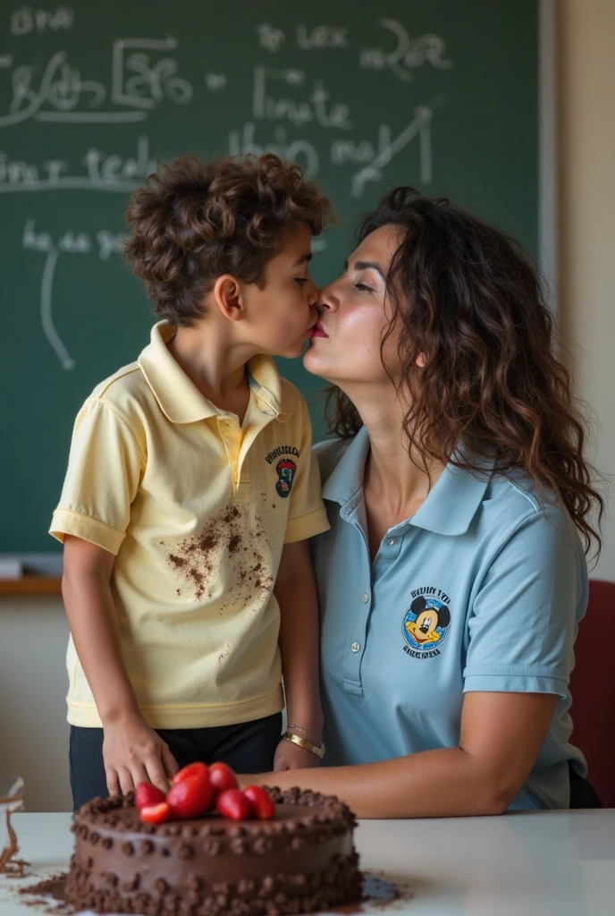 A white female teacher and a little white girl with curly hair walked to the classroom one after another.Teacher behind students, caucasian female teacher
