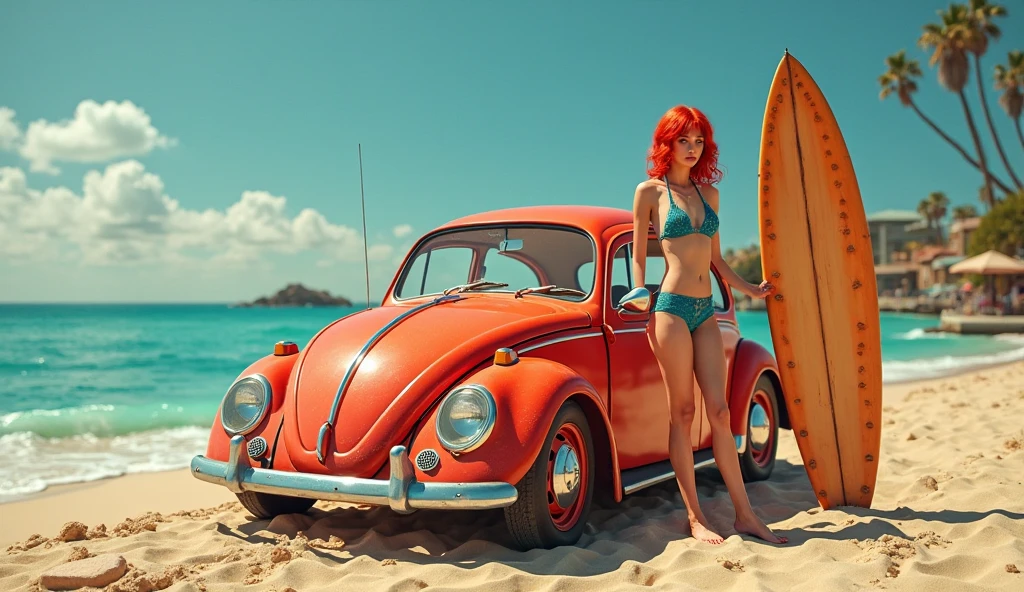 An alien spaceship lit up with neon blue lights extends many slimy tentacles to catch a buxom young (age 20) redhead on the beach, she is in a metallic blue bikini. It is a busy day at the beach, people run scared