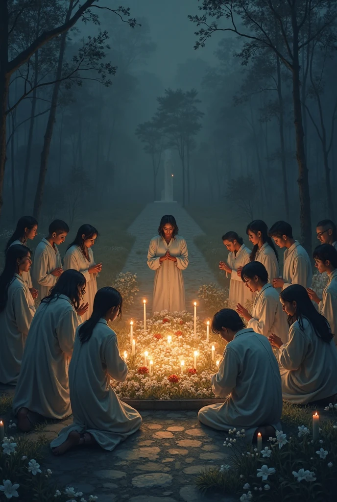 "Description: Illustrate a group of believers gathered together in a serene environment, such as a tranquil garden or peaceful church setting. They should be sharing moments of prayer, worship, and fellowship, with expressions of comfort and hope derived from their assurance of eternal life.
Details: Use soft, comforting colors and gentle lighting to create a serene and hopeful atmosphere. Incorporate elements such as open Bibles, candles, and a backdrop of a glowing cross. This visual should emphasize the comfort and hope that comes from knowing they have eternal life through Jesus."