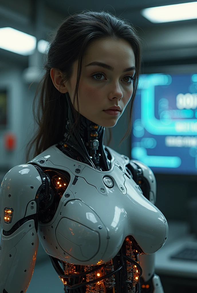 a woman of the future, robotic body, beautiful detailed eyes, beautiful detailed lips, extremely detailed face, long eyelashes, robotic limbs, futuristic cyberpunk style, glowing circuits, neon lights, dramatic lighting, cinematic composition, intricate details, highly detailed, 8k, photorealistic, professional, vivid colors, dramatic lighting