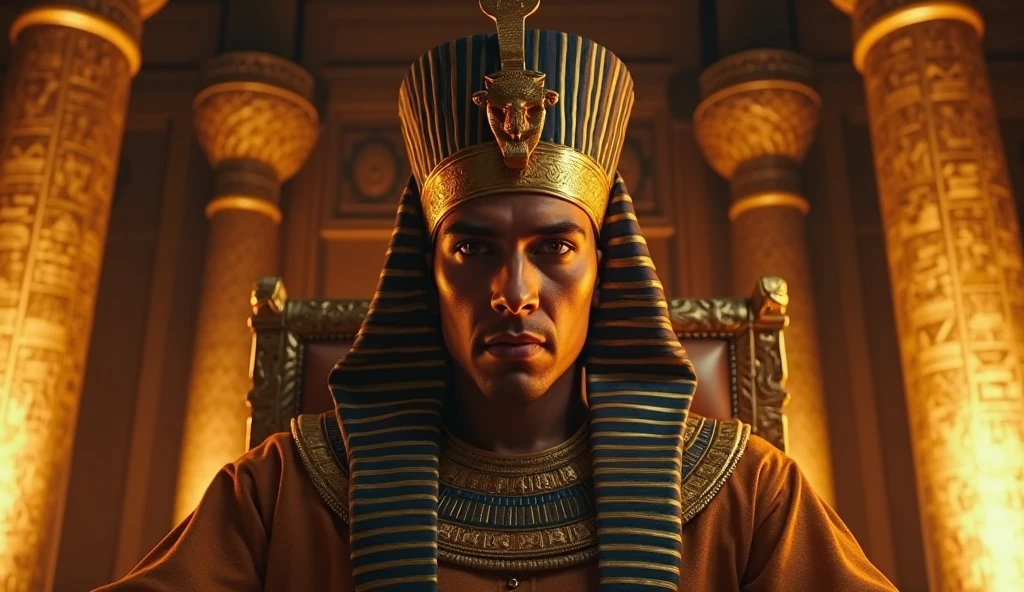 mohamed salah , face details, wearing like pharaonic king , siting in Pharaonic Egyptian throne , cinmatic lighting , looking into camera , High quality--q2