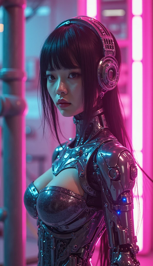 A cute woman ( sexy skin suit, a few cybernetic data-ports mar her skin, neon chrome color scheme (random color)) posing next to a matching cyber super mecha, future tokyo, (show all of the woman, show her head to toe, show all of her)