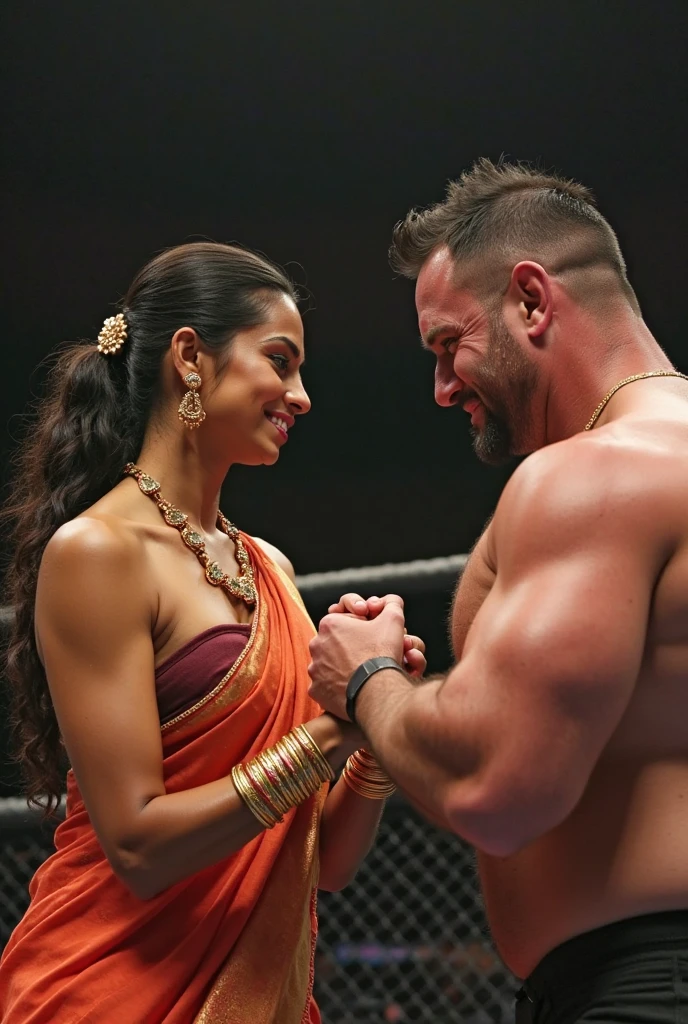 A Masculer body man,hairy chest,wearing Gym uniform,training young slim woman, wearing Red Sari,sindoor mangalsotra,
