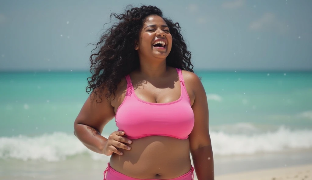 Happy woman with expression of surprise. Bonita, 30 anos de idade, discretamente chubby woman, usando bikini e um vestido leve e transparente na praia, Sunny scenery, luz do meio dia, pessoas ao fundo, outras pessoas andando pela praia, lente 35mm, ultra realista, ricamente detalhado, highes definition, alta resolução. Imagem motivadora, imagem inspiradora, Good vibes, alegria.