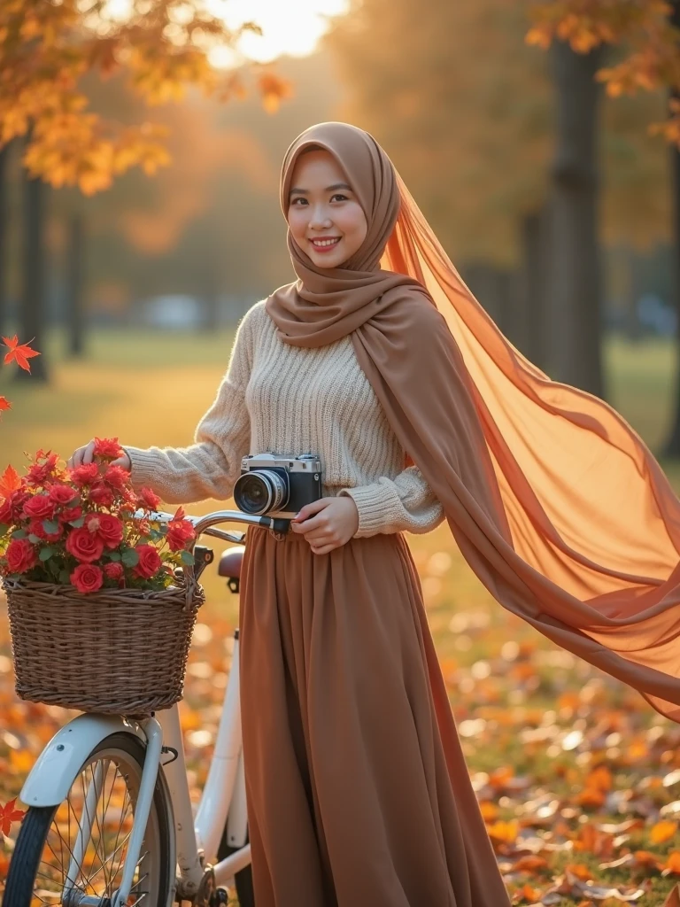 long range shot of korean woman with flowing hijab, walking on the street, autumn leaves falling gently around her, creating a golden path. Each step crunched gently beneath her feet, and the fresh air carried the scent of fallen leaves. Trees clad in bright colors of red, orange and yellow whisper the secrets of the changing seasons. With a feint satisfied smile, she wrapped her scarf tighter, enjoying the serene beauty of autumn