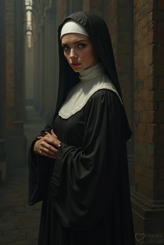 Masterpiece, (a half body shot:1.3), (A beautiful catholic 68 years old nun girl is in the foreground, ultra realistic face, ultra detailed face:1.4), her silhouette stark against the dimly lit backdrop of the ruined abbey. (Wisps of fog swirl around her feet, adding to the sense of isolation and vulnerability:1.2). The abbey itself looms ominously behind her, its once-grand architecture now reduced to decaying ruins. Shadows play tricks on the eye, suggesting hidden figures or lurking dangers within the mist. The overall atmosphere is one of dread and impending peril, as the nun braces herself for whatever horrors the dawn may bring, 8K, ultra high res.photorealistic, UHD, realistic hands, textured skin, high details, high quality, [[photorealistic Chromatic aberration]], digital photograph, HDR, high contrast, (cowboy shot), masterpiece. [The sceneis surrounded by mist, evoking a mysterious and eerie atmosphere. The lighting is dark and atmospheric, with smoke adding a touch of sinister ambiance. Best quality image, HDR enhancement, showcasing the utmost level of detail and realism, full body shot:1.5]. [8K, Best Quality, Ultra High Resolution, (highly detailed CG unity 8k wallpaper), (best photo), (best shadows), isometric 3D, octane rendering, ray tracing, highly detailed, (Best quality, 4K, 8k:1.2), absurdity, ultra detailed, (realistic, photorealistic, photorealistic:1.37), complex parts, HDR, (complex parts:1.12), (hyper detailed, hyper realistic, Soft lighting, spicy:1.2), (complex parts, Hyper detailed:1.15). Blurred foreground. (backlit), masterpiece, high quality, brightness, chromatic aberration, foggy smoke, shadows, contrast, clear sky, (warm hue, warm tone), high details, natural reflections]. (YES SFW), many details.
