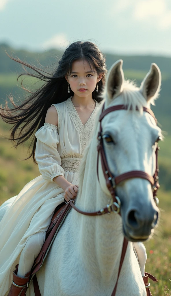 There is a young girl standing next to a white horse, white hanfu, palace , A girl wearing Hanfu, an all white horse, Paired with ancient Chinese costumes, young asian girl, hanfu, Inspired by Zhu Derun, xianxia fantasy, Chinese girl, wearing chinese clothes, Ao Dai, by Li Fangying, yanjun chengt