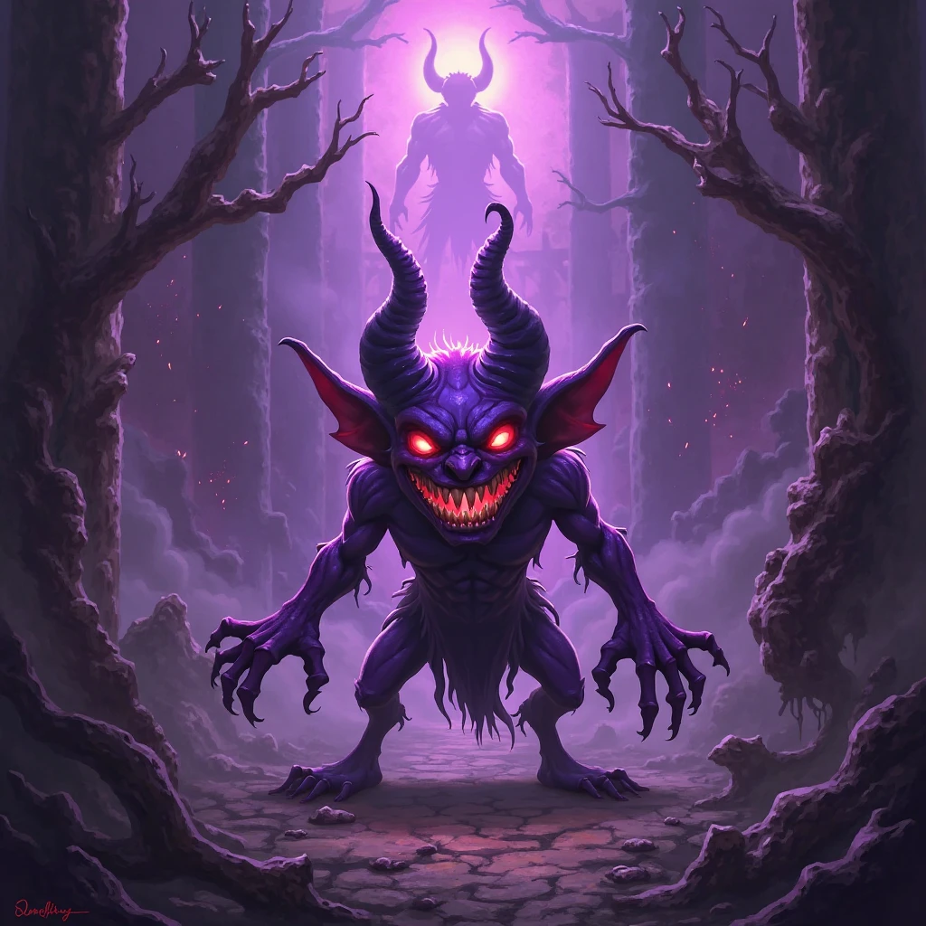 Cursed spirit of purple flames, devious and mischievous. A little balls of purple flames with two dots as their eyes and spiny smiling mouth, grinning at their own thoughts. They has no physical body, looking like little balls of wandering flames, similar to will-o'-the-wisp kind of spell.