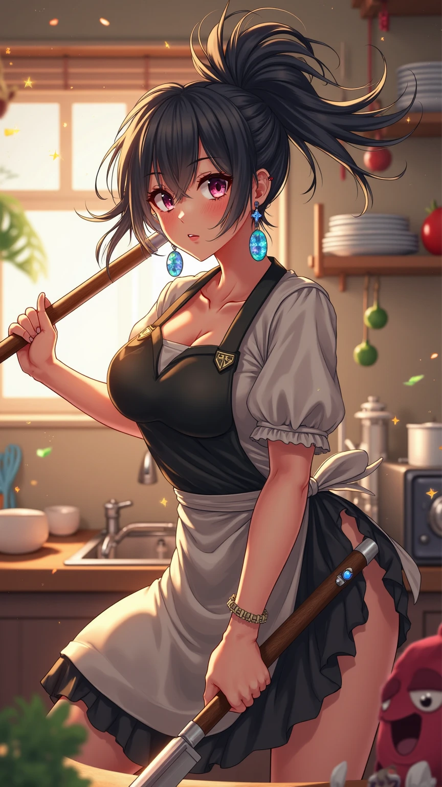 (masterpiece, best quality), intricate details, 1girl, medium breasts, kujou sara, white apron, sleeveless, kitchen, seductive smile, cleavage, sweaty, arms up, detailed armpits, sweaty armpits