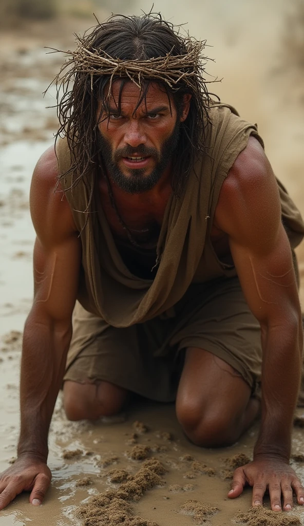 Jesus Christ coming out of a cave with all his apostles in Christian caveman clothing on a bone to defend himself Nazaret Palestina