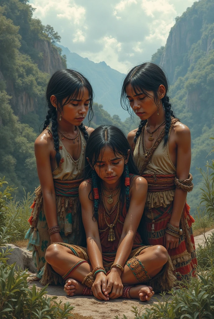 Two cave girls about , with clothes that show the belly, the arms and legs. They are touching their navel and lying down