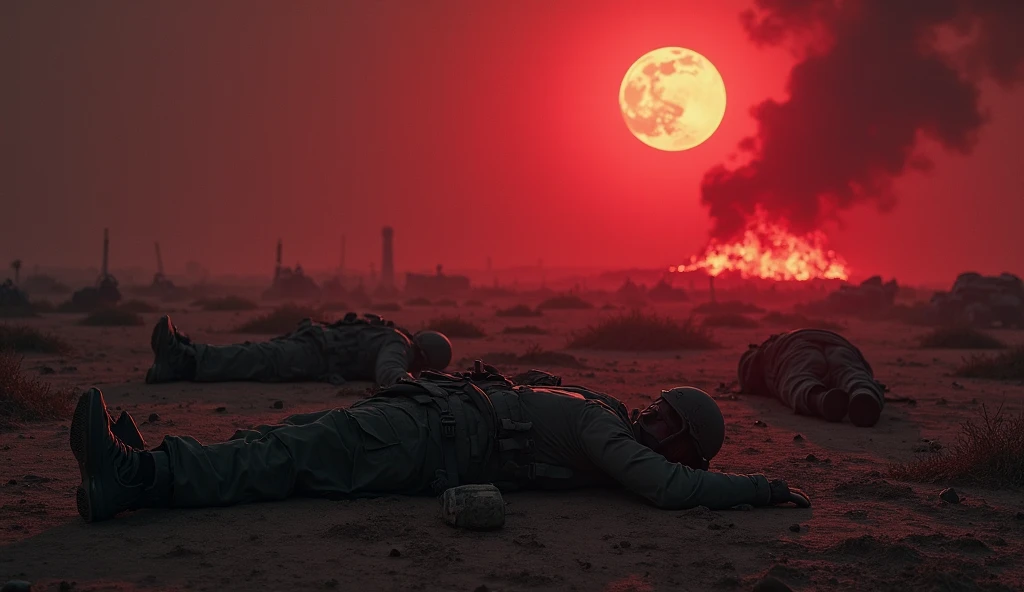metal album cover about the remnants of civil war, the sky was red as blood, the soldiers from the battle were lying in pools of blood,many skulls, simple, square frame, have blood moon, the ground was bare and arid , without a single tree, high-altitude missile and bomber raid, overlapping layout, clearly depicting heavy, dramatic atmosphere