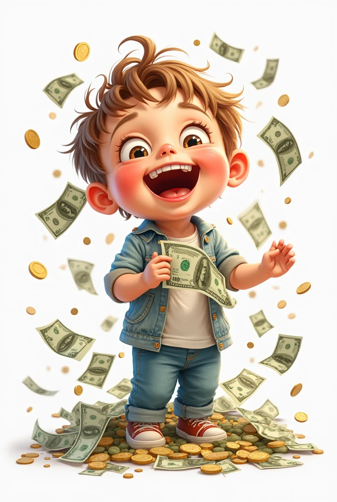 A new born boy, sitting in a pool of money, wearing stripped t-shirt, his hands full of money, giving money from both hands