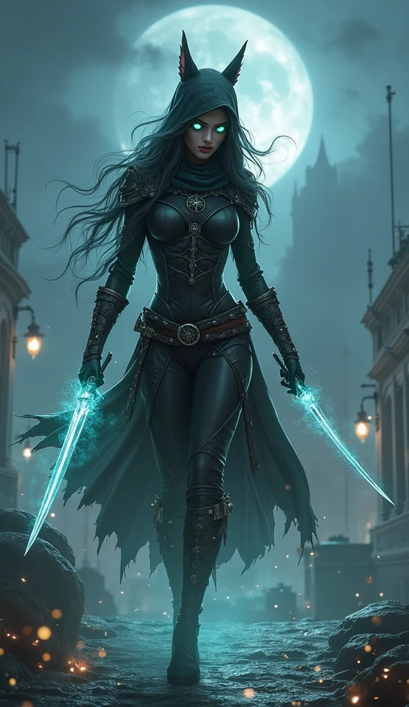 Woman in tight black leather pants, black soldier boots, a long-sleeved corset with swords attached around her waist, Her hair is black with silver, abundant and long. His black eyes, full lips, eyebrows and eyelashes thick and she is blushing from the cold. his expression is serious. From his hands rays come out that go straight to the sky, the sky is grey and full of lightning. She is standing on top of a grey mountain. And in the sky giant dragons with riders 