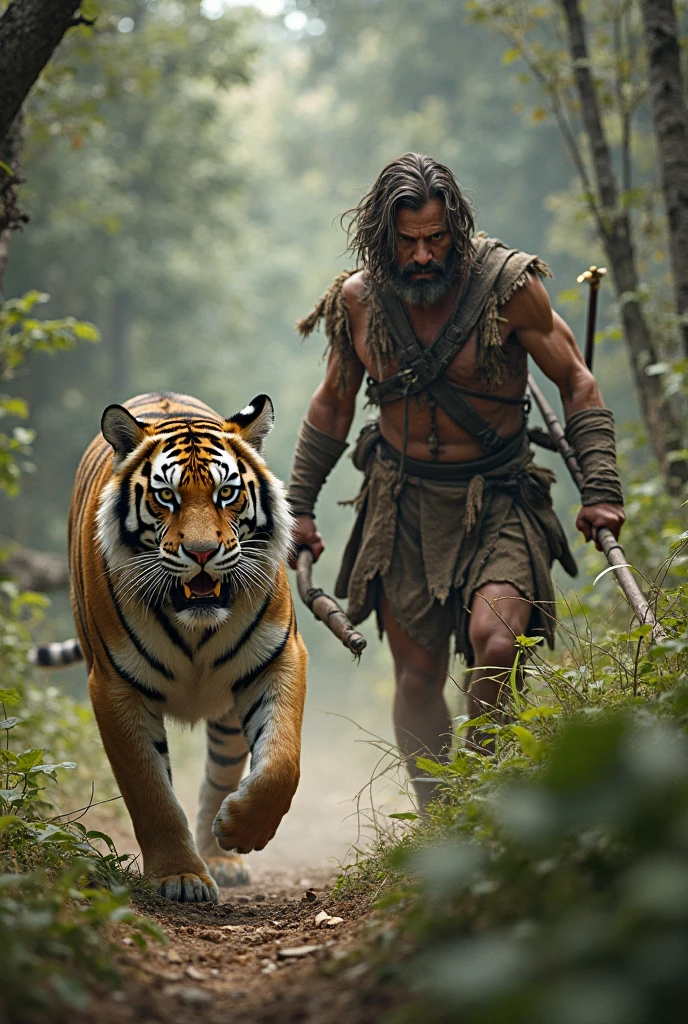 A rugged barbarian warrior, detailed muscular body, long hair, fierce expression, fighting a ferocious white Bengal tiger, in a frozen mountain wasteland, dramatic action poses, intense strife and struggle, realistic textures, volumetric lighting, cinematic composition, moody atmosphere, epic fantasy