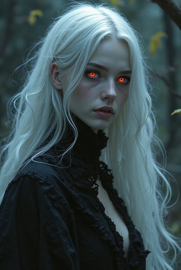 geisha. white  hair. eerie glowing red eyes. background with snow. tattooed. on his knees 